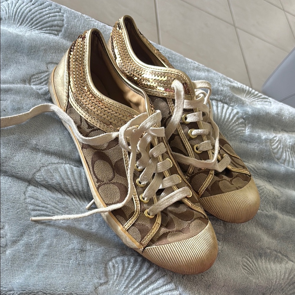 Coach Gold and Tan Sporty Sneakers